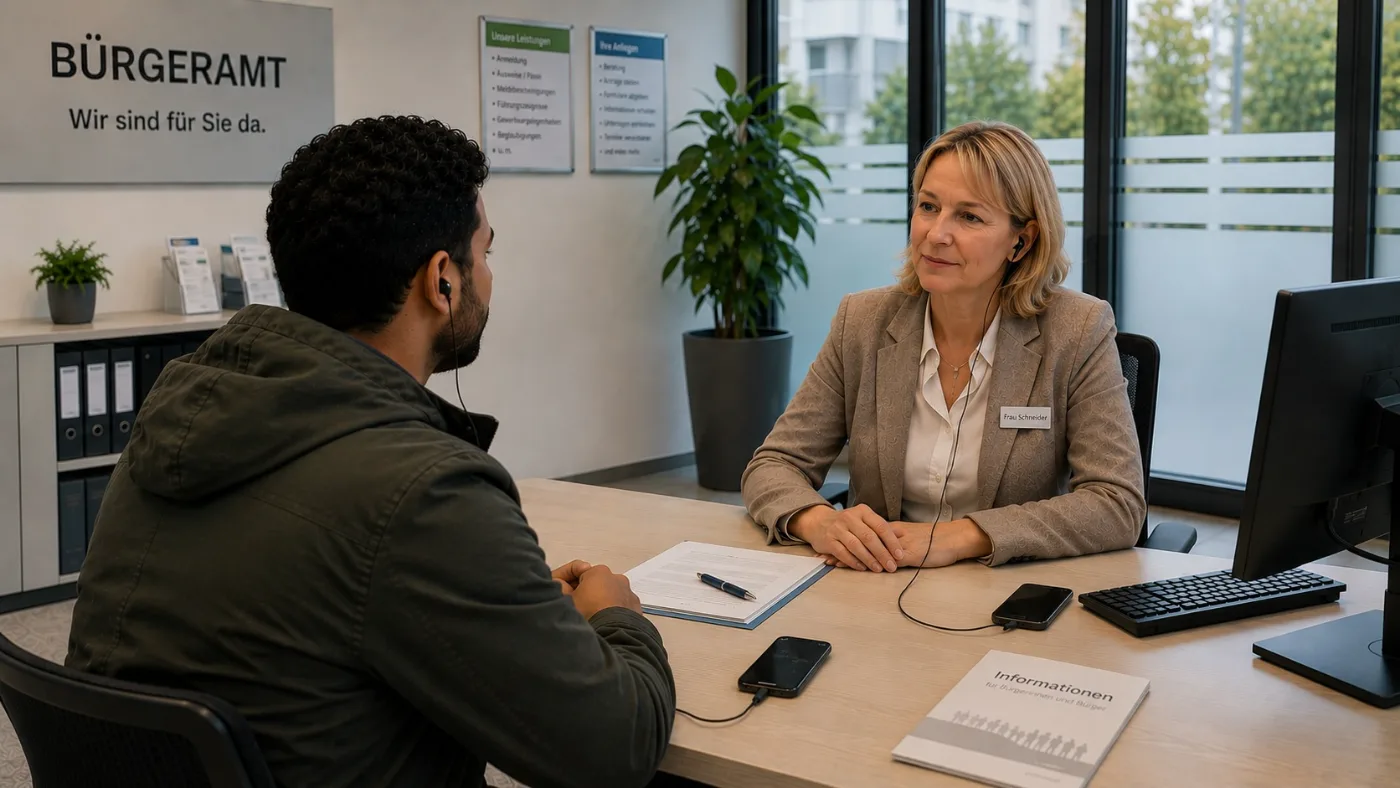 Bürgeramt: Beratungsgespräch am Schreibtisch, beide tragen In-Ear, live in beide Richtungen übersetzt