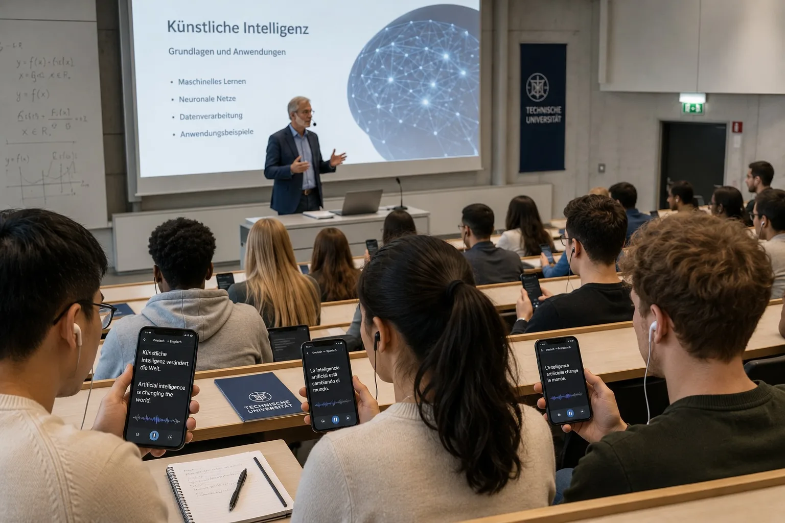 Hörsaal: Studierende folgen der Vorlesung live in ihrer Sprache auf dem Smartphone