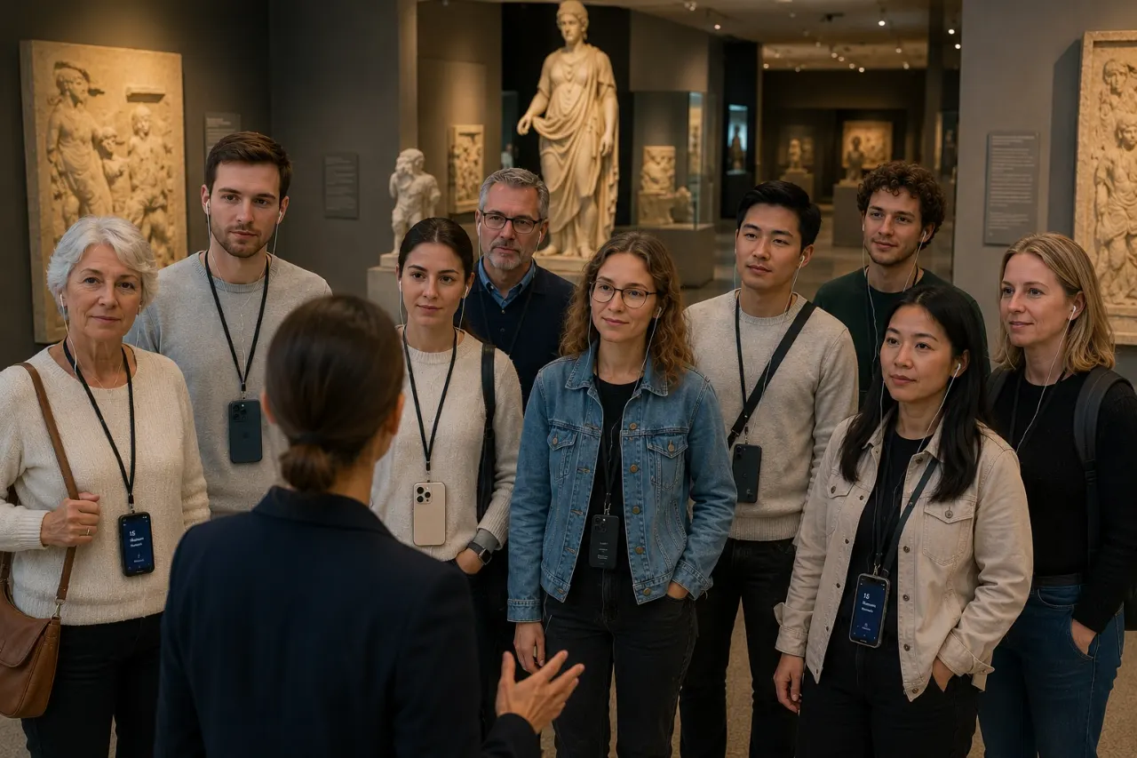 Museumsführung: Gruppe hört die Erklärung der Guide live übersetzt im Ohr