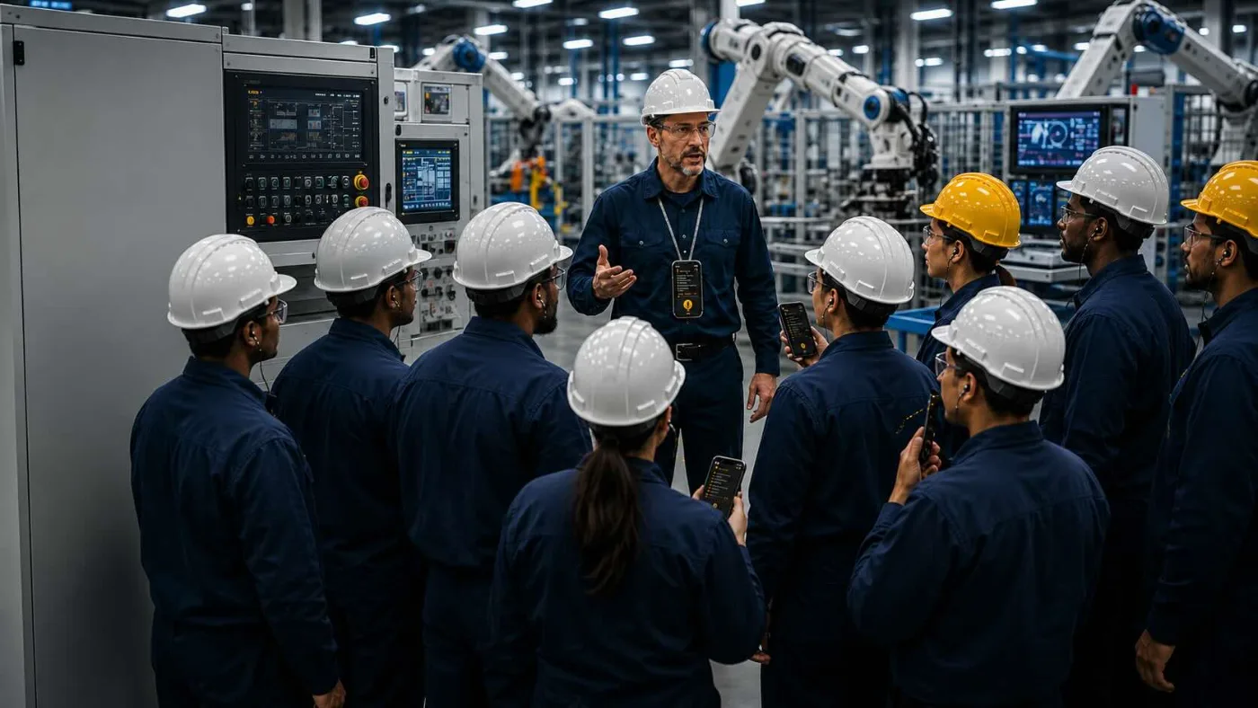 Werkhalle: Techniker weist eine internationale Crew an der Maschine ein, alle mit In-Ear und Smartphone